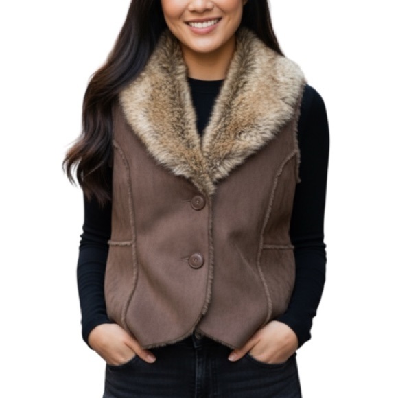 FLAIR SPORT NWT Fun Fur Shawl Collar Vest Brown Faux Suede  Button Front MP - Picture 1 of 11